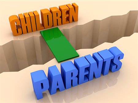 Two words CHILDREN and PARENTS united by bridge through separation crack. Concept 3D illustration. Stock Photo - Budget Royalty-Free & Subscription, Code: 400-07092288