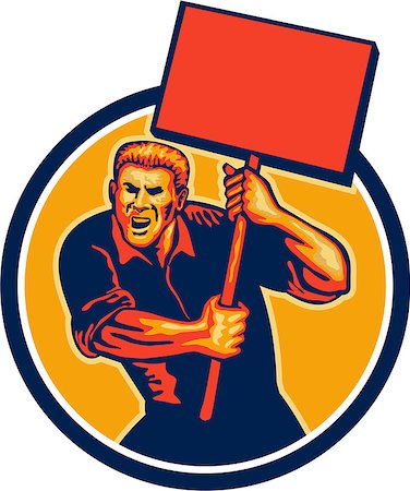 protester holding sign - Illustration of a militant protester activist unionist union worker striking holding up a placard sign shouting done in retro style set inside circle. Stock Photo - Budget Royalty-Free & Subscription, Code: 400-07092496