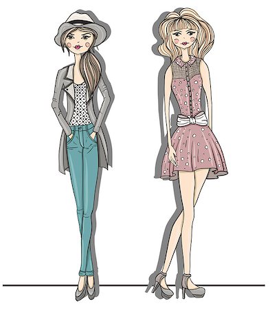 Young fashion girls illustration. Vector illustration. Background with teen females in fashionable clothes posing. Fashion illustration. Stock Photo - Budget Royalty-Free & Subscription, Code: 400-07092670
