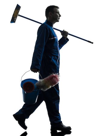 one caucasian janitor cleaner cleaning silhouette in studio on white background Stock Photo - Budget Royalty-Free & Subscription, Code: 400-07093051