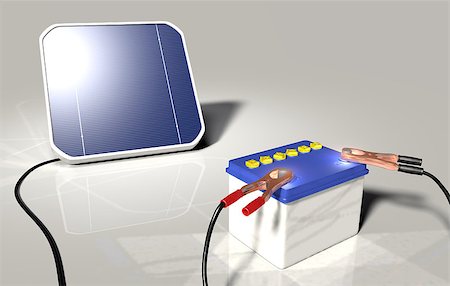 a squared solar panel illuminated by sunlight is charging a car battery with two terminals connected on the poles positive and negative Stock Photo - Budget Royalty-Free & Subscription, Code: 400-07104888