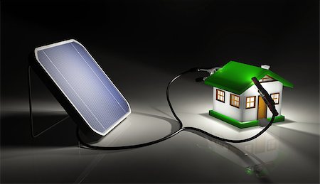 solar panel home - a squared solar panel illuminated by a light is supplying energy to a small house with two terminals connected on the roof. On a dark background Stock Photo - Budget Royalty-Free & Subscription, Code: 400-07104889