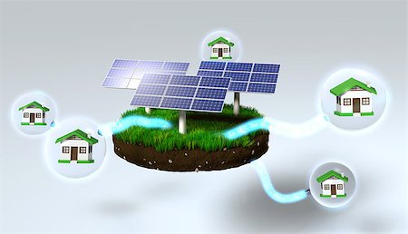 solar panel home - three solar panels on a grassy rounded clod of earth are supplying homes inside of the spheres, with some energy beams Stock Photo - Budget Royalty-Free & Subscription, Code: 400-07104892