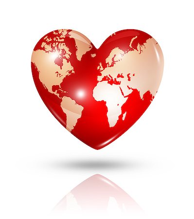 simsearch:400-07680047,k - Love earth symbol. 3D world map in a heart. Icon isolated on white with clipping path Stock Photo - Budget Royalty-Free & Subscription, Code: 400-07105031