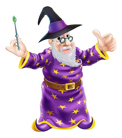 Illustration of a happy cartoon wizard character holding a wand and giving a thumbs up Stock Photo - Budget Royalty-Free & Subscription, Code: 400-07105497