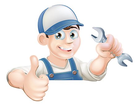 engineers hat cartoon - A plumber or mechanic holding a wrench or spanner and giving a thumbs up while peeking over a sign or banner Foto de stock - Super Valor sin royalties y Suscripción, Código: 400-07105490