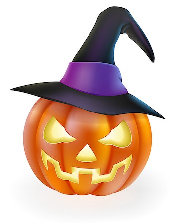 A drawing of a cartoon Halloween pumpkin with classic scary face carved into it and wearing a pointy witch's hat Stock Photo - Budget Royalty-Free & Subscription, Code: 400-07105492