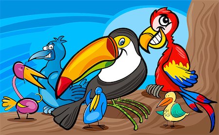 simsearch:400-08410665,k - Cartoon Illustrations of Funny Exotic Birds Mascot Characters Group for Children Photographie de stock - Aubaine LD & Abonnement, Code: 400-07105579