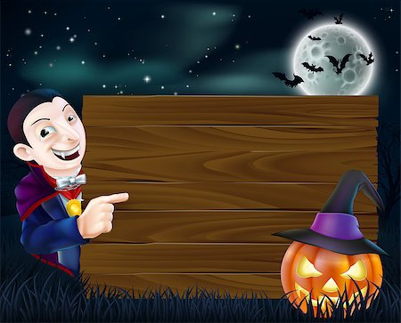 A cartoon Halloween Dracula wooden sign with vampire pointing at a wooden sign and scary pumpkin and bats flying in front of a full moon Stock Photo - Budget Royalty-Free & Subscription, Code: 400-07105655