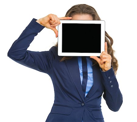 face to internet technology - Business woman holding tablet pc with blank screen in front of face Photographie de stock - Aubaine LD & Abonnement, Code: 400-07106807