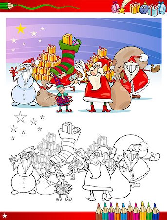simsearch:400-08708552,k - Coloring Book or Page Cartoon Illustration of Themes Set with Santa Claus Group with Christmas Presents and Decorations for Children Stock Photo - Budget Royalty-Free & Subscription, Code: 400-07107335