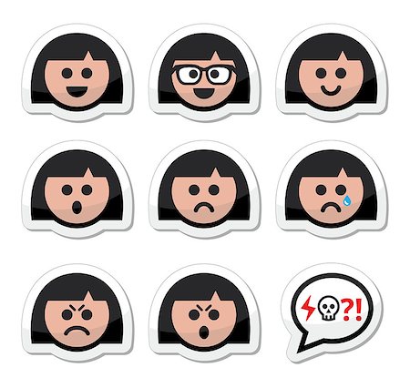 Collection of female faces - happy, sad, angry labels set isolated on white Stock Photo - Budget Royalty-Free & Subscription, Code: 400-07107894