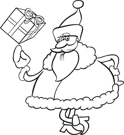 simsearch:400-08708552,k - Black and White Cartoon Illustration of Funny Santa Claus Character with Christmas Present for Coloring Book Stock Photo - Budget Royalty-Free & Subscription, Code: 400-07108142