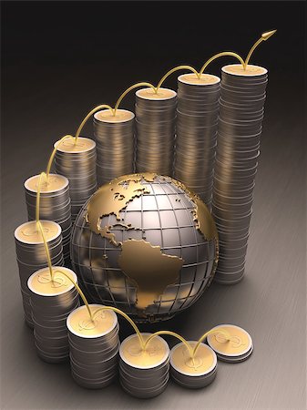 Globe surrounded by coins made â??â??of gold and silver forming a graph on the rise. Stock Photo - Budget Royalty-Free & Subscription, Code: 400-07100871