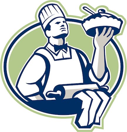 retro chef - Illustration of a baker chef cook holding serving pie with roller in foreground set inside oval done in retro style. Stock Photo - Budget Royalty-Free & Subscription, Code: 400-07103365