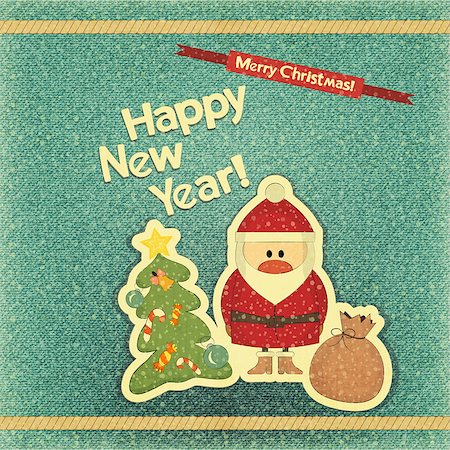 Retro Merry Christmas and New Years Card with Santa Claus and Christmas Tree on a Vintage Jeans  background. Vector illustration. Stock Photo - Budget Royalty-Free & Subscription, Code: 400-07103625