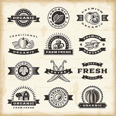 pumpkin fruit and his leafs - A set of fully editable vintage organic harvest stamps in woodcut style. EPS10 vector illustration. Use gradient mesh and transparency. Stock Photo - Budget Royalty-Free & Subscription, Code: 400-07114144