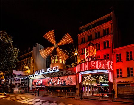 entertainment at night in paris - PARIS - JULY 1: The Moulin Rouge by night, on July 1, 2013 in Paris, France. Moulin Rouge is a famous cabaret built in 1889, locating in the Paris red-light district of Pigalle Stock Photo - Budget Royalty-Free & Subscription, Code: 400-07114404