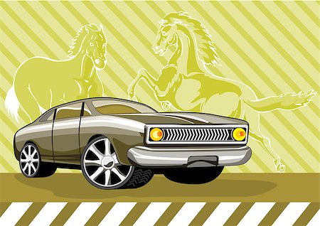 Illustration of green ford fairmont car with horses background done in retro style. Stock Photo - Budget Royalty-Free & Subscription, Code: 400-07115139