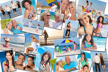 Photo montage of people happy men women children families and couples, young senior and elderly having fun on summer holiday vacations at the beach, swimming walking, surfing and relaxing Stock Photo - Budget Royalty-Free & Subscription, Code: 400-07115486