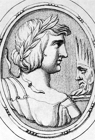 simsearch:400-05228888,k - Publius Vergilius Maro (70BC-19BC) on engraving from 1685. Ancient Roman poet. Engraved by Leonardo Agostini and published in Gemmae et Sculpturae Antiquae Depictae,Italy,1685. Stock Photo - Budget Royalty-Free & Subscription, Code: 400-07112569