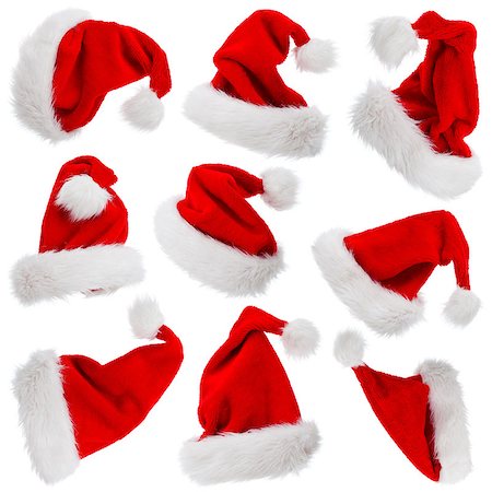 simsearch:400-08491819,k - Furry and fluffy Santa Claus hats set isolated on white - christmas symbols Photographie de stock - Aubaine LD & Abonnement, Code: 400-07125492