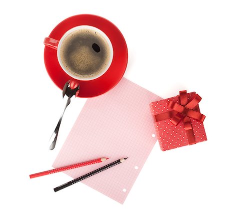Red coffee cup, gift box and love letter. View from above. Isolated on white background Stock Photo - Budget Royalty-Free & Subscription, Code: 400-07166672