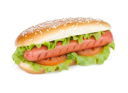 simsearch:400-04587885,k - Hot dog with lettuce and tomato slices. Isolated on white background Stock Photo - Budget Royalty-Free & Subscription, Code: 400-07167125