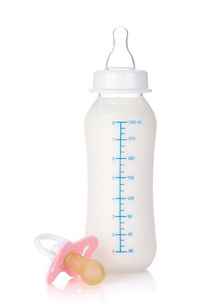 Baby bottle with milk and pacifier. Isolated on white background Stock Photo - Budget Royalty-Free & Subscription, Code: 400-07168467