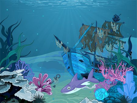 diving cartoon - Underwater scene with old pirate ship Stock Photo - Budget Royalty-Free & Subscription, Code: 400-07175150