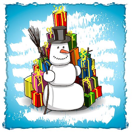 illustration snowman with gifts on blue background Stock Photo - Budget Royalty-Free & Subscription, Code: 400-07175787