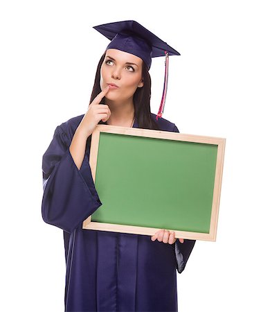 Contemplative Mixed Race Female Graduate in Cap and Gown Holding Blank Chalkboard Isolated on White. Stock Photo - Budget Royalty-Free & Subscription, Code: 400-07179053