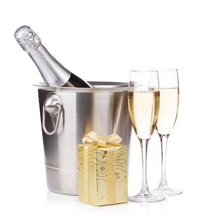 simsearch:400-07166551,k - Champagne bottle in bucket, glasses and gift box. Isolated on white background Stock Photo - Budget Royalty-Free & Subscription, Code: 400-07179530