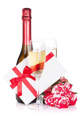 simsearch:400-07166551,k - Champagne bottle, two glasses, letter and red rose flowers. Isolated on white background Stock Photo - Budget Royalty-Free & Subscription, Code: 400-07179557