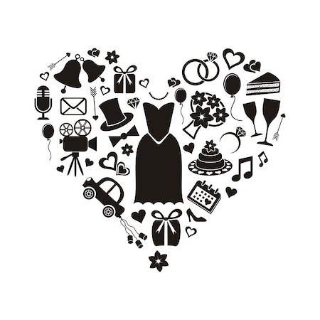 Set of black silhouette wedding icons inside a heart shape Stock Photo - Budget Royalty-Free & Subscription, Code: 400-07171441