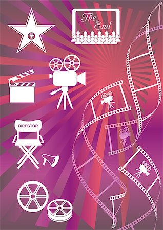 Shiny colored movie background with curl film stripes and movie icons Stock Photo - Budget Royalty-Free & Subscription, Code: 400-07171453