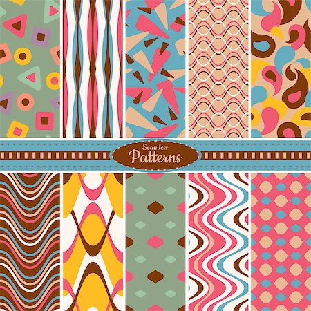 Collection of 10 geometric colorful seamless pattern background. Great for web page backgrounds, wallpapers, interiors, home decor, apparel, etc. Vector file includes pattern swatch for each pattern. Stock Photo - Budget Royalty-Free & Subscription, Code: 400-07172047