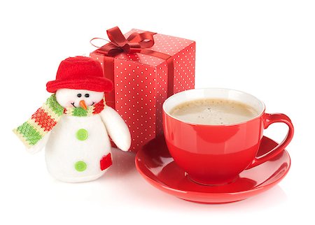 Red coffee cup, gift box and snowman toy. Isolated on white background Stock Photo - Budget Royalty-Free & Subscription, Code: 400-07172512