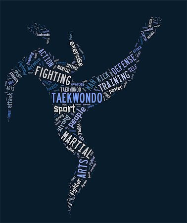 taekwondo pictogram with blue colored related wordings on blue background Stock Photo - Budget Royalty-Free & Subscription, Code: 400-07184786