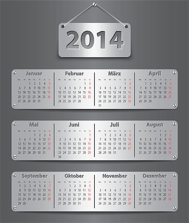 simsearch:400-07215674,k - Calendar for 2014 year in German attached with metallic tablets. Vector illustration Stock Photo - Budget Royalty-Free & Subscription, Code: 400-07214201