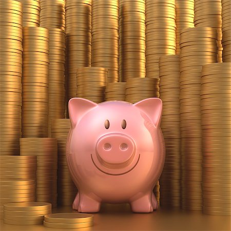 simsearch:400-07218287,k - Piggy bank with stacks of gold coins in the background. Stock Photo - Budget Royalty-Free & Subscription, Code: 400-07214536