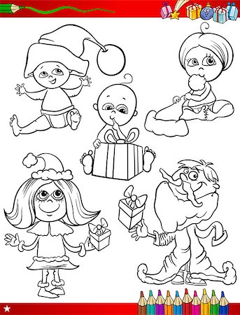 Coloring Book Cartoon Illustration of Black and White Christmas Themes Set with Cute Babies and Children Stock Photo - Budget Royalty-Free & Subscription, Code: 400-07214579