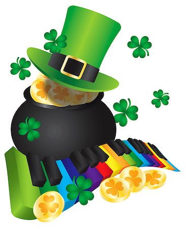 simsearch:400-06519689,k - St Patricks Day Leprechaun Hat with Rainbow Colors Piano Wavy Keyboard and Pot of Gold Coins Isolated on White Background Illustration Foto de stock - Super Valor sin royalties y Suscripción, Código: 400-07215090