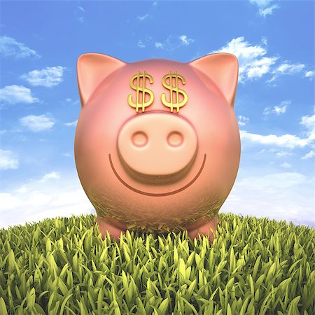 simsearch:400-07215876,k - Piggy bank with eyes money sign on the grass. Foto de stock - Super Valor sin royalties y Suscripción, Código: 400-07215284