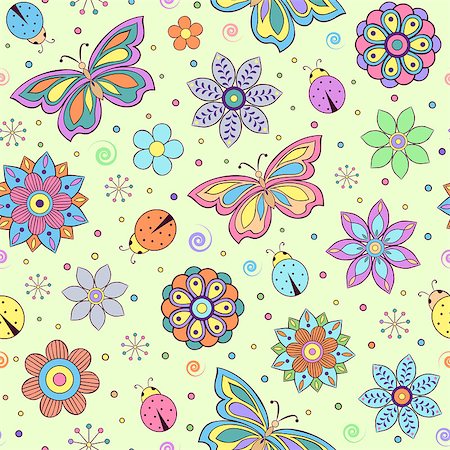 simsearch:400-07049687,k - Vector illustration of seamless pattern with abstract colorful flowers, butterflies and ladybugs Stock Photo - Budget Royalty-Free & Subscription, Code: 400-07215637