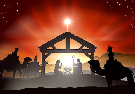 Nativity Christmas scene with baby Jesus in the manger in silhouette, three wise men or kings and star of Bethlehem Stock Photo - Budget Royalty-Free & Subscription, Code: 400-07215701