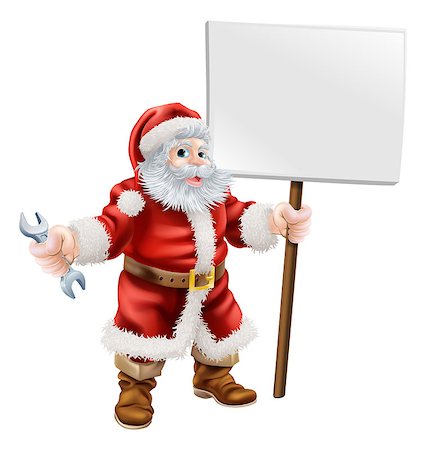 Cartoon illustration of Santa holding a spanner and sign, great for mechanic, plumber or hardware shop Christmas sale or promotion Stock Photo - Budget Royalty-Free & Subscription, Code: 400-07215702