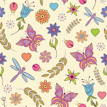 simsearch:400-07049687,k - Vector illustration of seamless pattern with abstract colorful flowers, butterflies,dragonflies and ladybugs Stock Photo - Budget Royalty-Free & Subscription, Code: 400-07215785