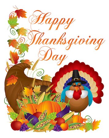 simsearch:400-04227157,k - Happy Thanksgiving Day Fall Harvest Cornucopia and Pilgrim Turkey with Pumpkin Eggplant Grapes Corns Apples Leaves and Twine Illustration Stock Photo - Budget Royalty-Free & Subscription, Code: 400-07217109
