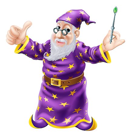 Illustration of a happy old wise wizard character holding a wand a doing a thumbs up gesture Stock Photo - Budget Royalty-Free & Subscription, Code: 400-07217609
